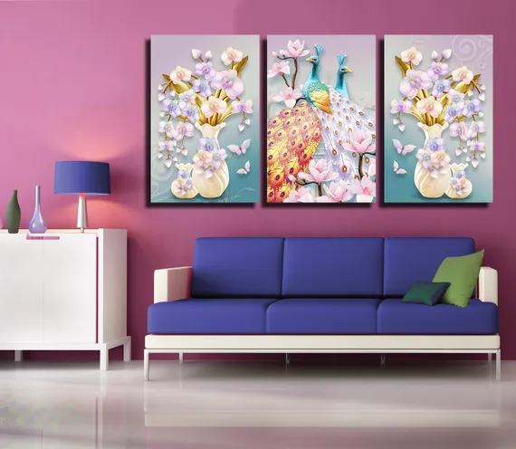 Модульная картина "Триптих с ярким павлином"