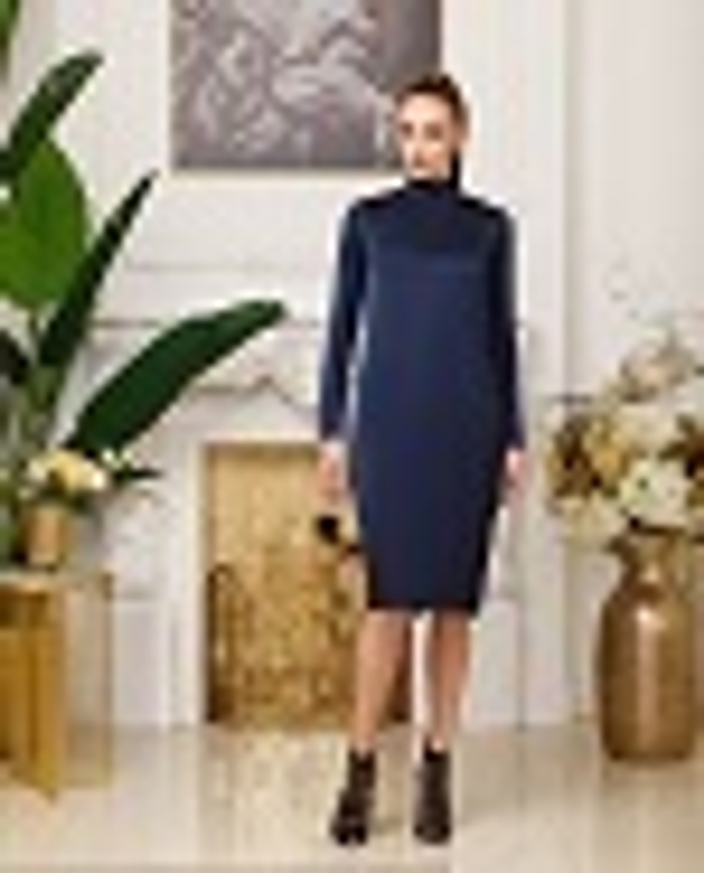 06-02-21 FW Шелковое прямое платье с воротником стойка, темно-синий L