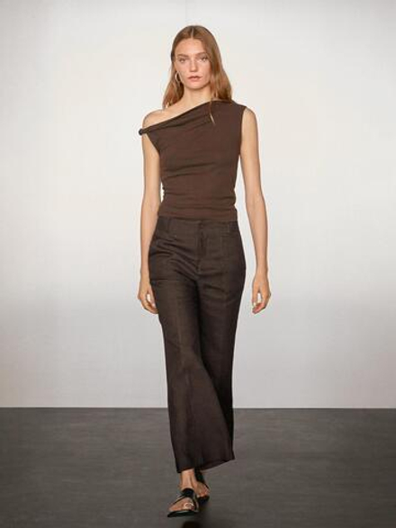 Massimo Dutti Расклешенные брюки из 100% льна, коричневый