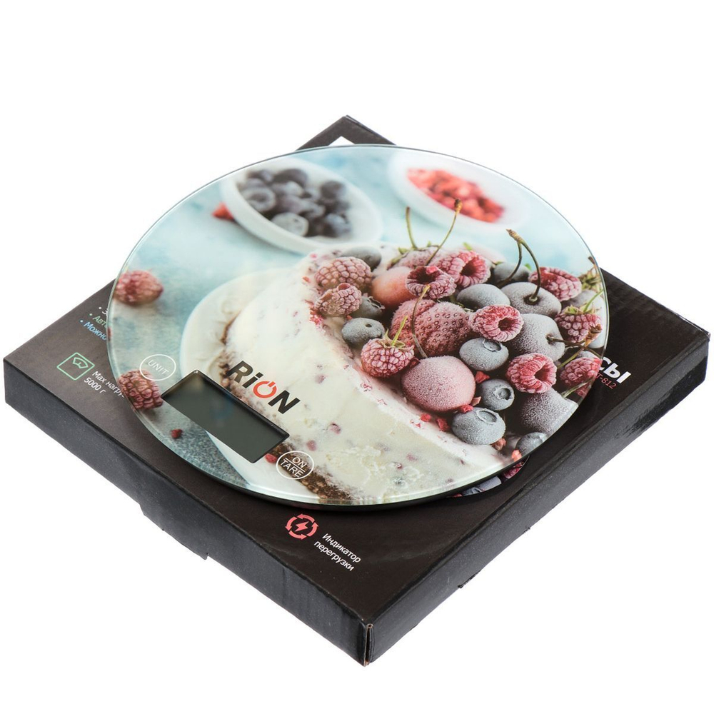 Весы кухонные электронные, стекло, Rion, Торт, платформа, точность 1 г, до 5 кг, LCD-дисплей, PT-812