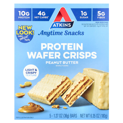 Atkins, Anytime Snacks, протеиновые вафли, с арахисовой пастой, 5 шт. по 36 г (1,27 унции)