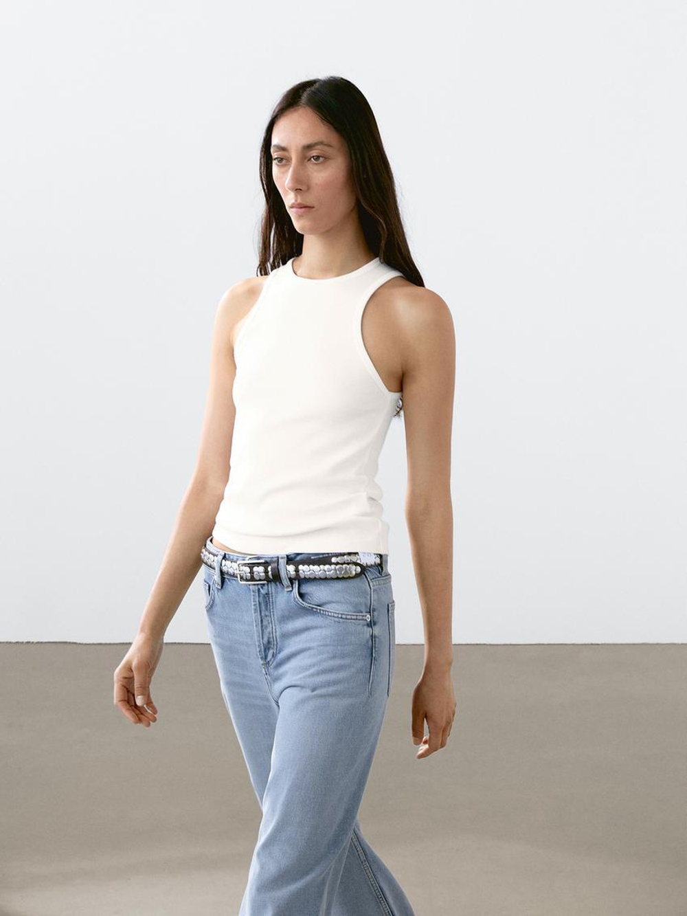 Massimo Dutti Топ из смесового хлопка с горловиной халтер, натуральный, кремовый