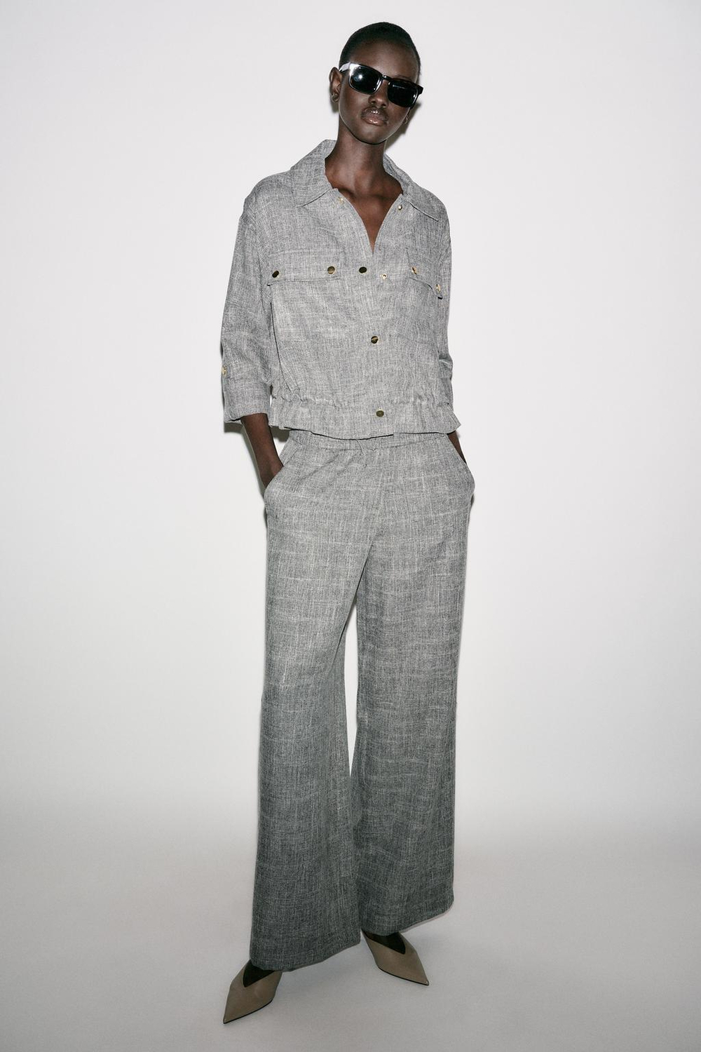 ZARA ПЕСТРАЯ КУРТКА САФАРИ, СЕРЫЙ МЕЛАНЖ