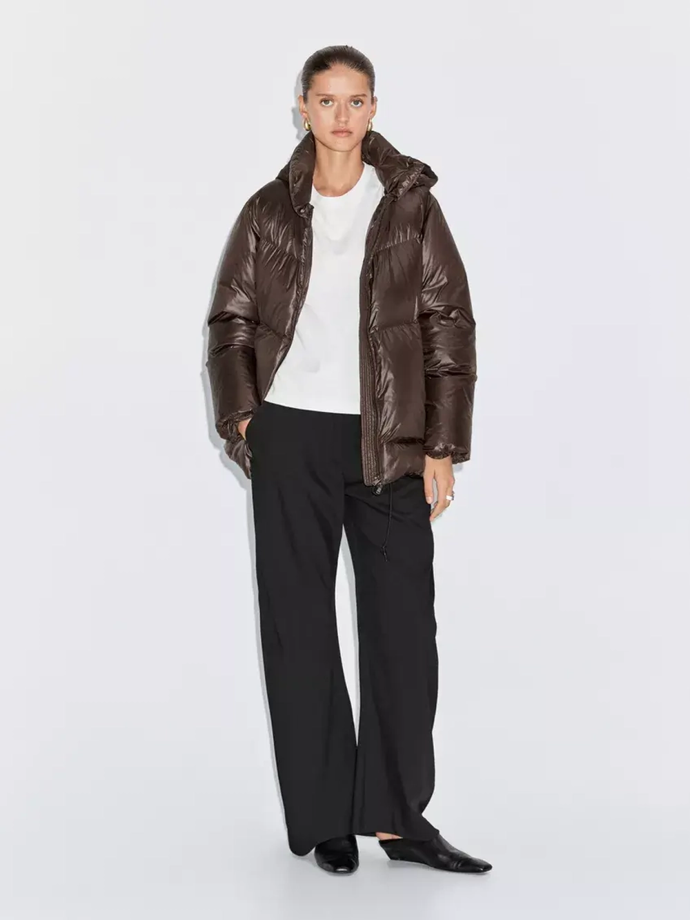 Massimo Dutti Непромокаемый пуховик с отстегивающимся капюшоном, коричневый