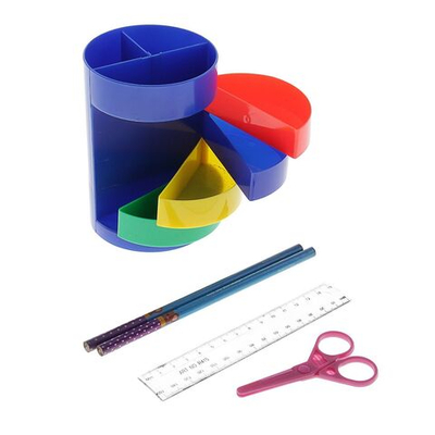 Настольный набор детский Веер-радуга , из 5 предметов: подставка, ножницы, линейка, 2 карандаша, МИКС