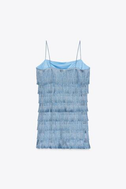 ZARA КОРОТКОЕ ПЛАТЬЕ С БАХРОМОЙ, СИНИЙ