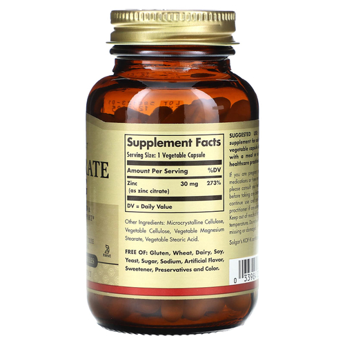 Solgar, Цитрат цинка, 30 мг, 100 вегетарианских капсул