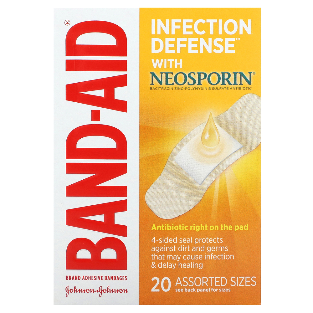 Band Aid, лейкопластыри, защита от инфекций, с Neosporin, 20 разных размеров