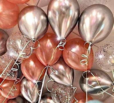 Шары с гелием под потолок Хром Серебро+Хром Розовое золото+Конфетти 15 шаров