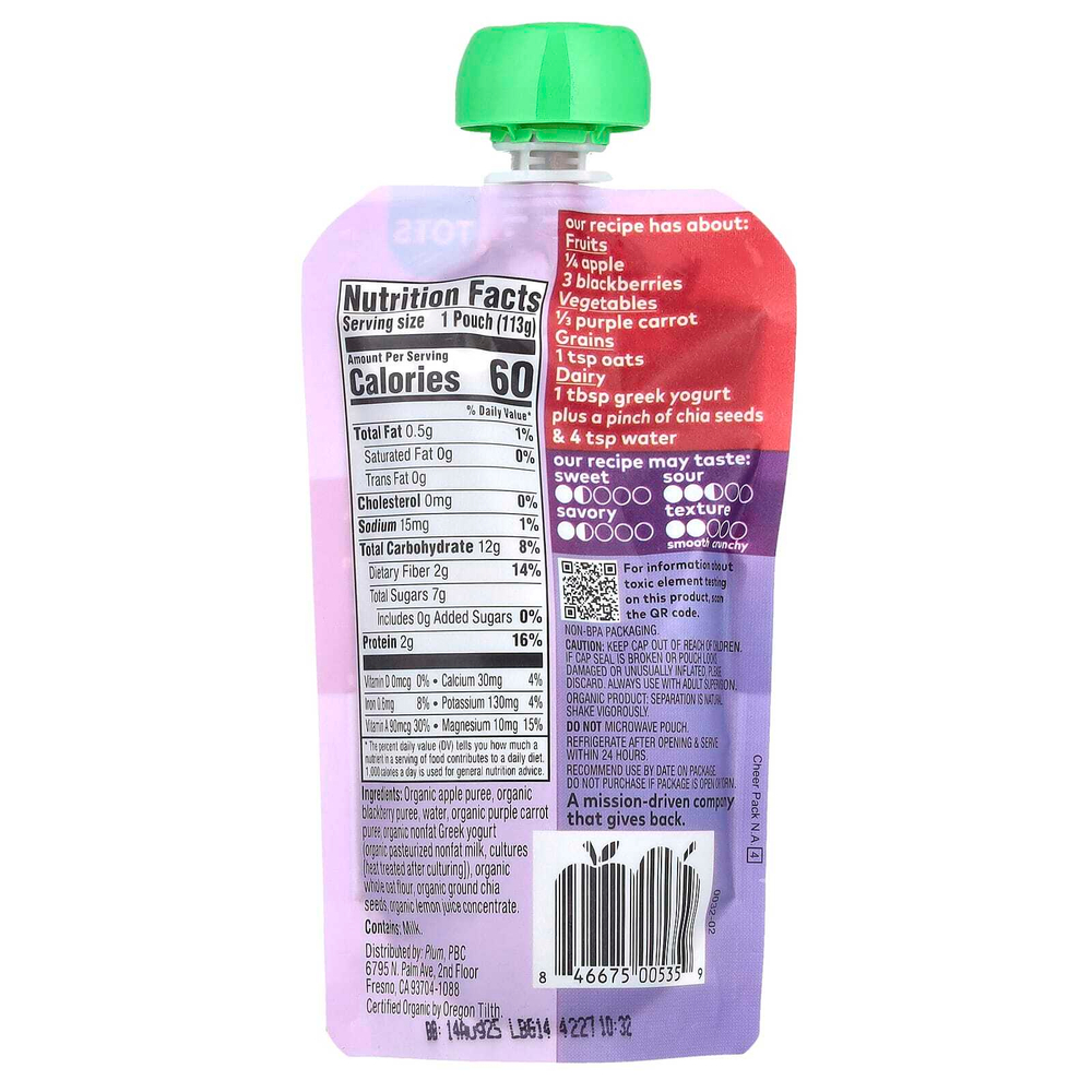 Plum Organics, Mighty Morning, смесь 4 пищевых групп, для малышей, яблоко, ежевика, фиолетовая морковь, греческий йогурт, овес, 113 г (4 унции)