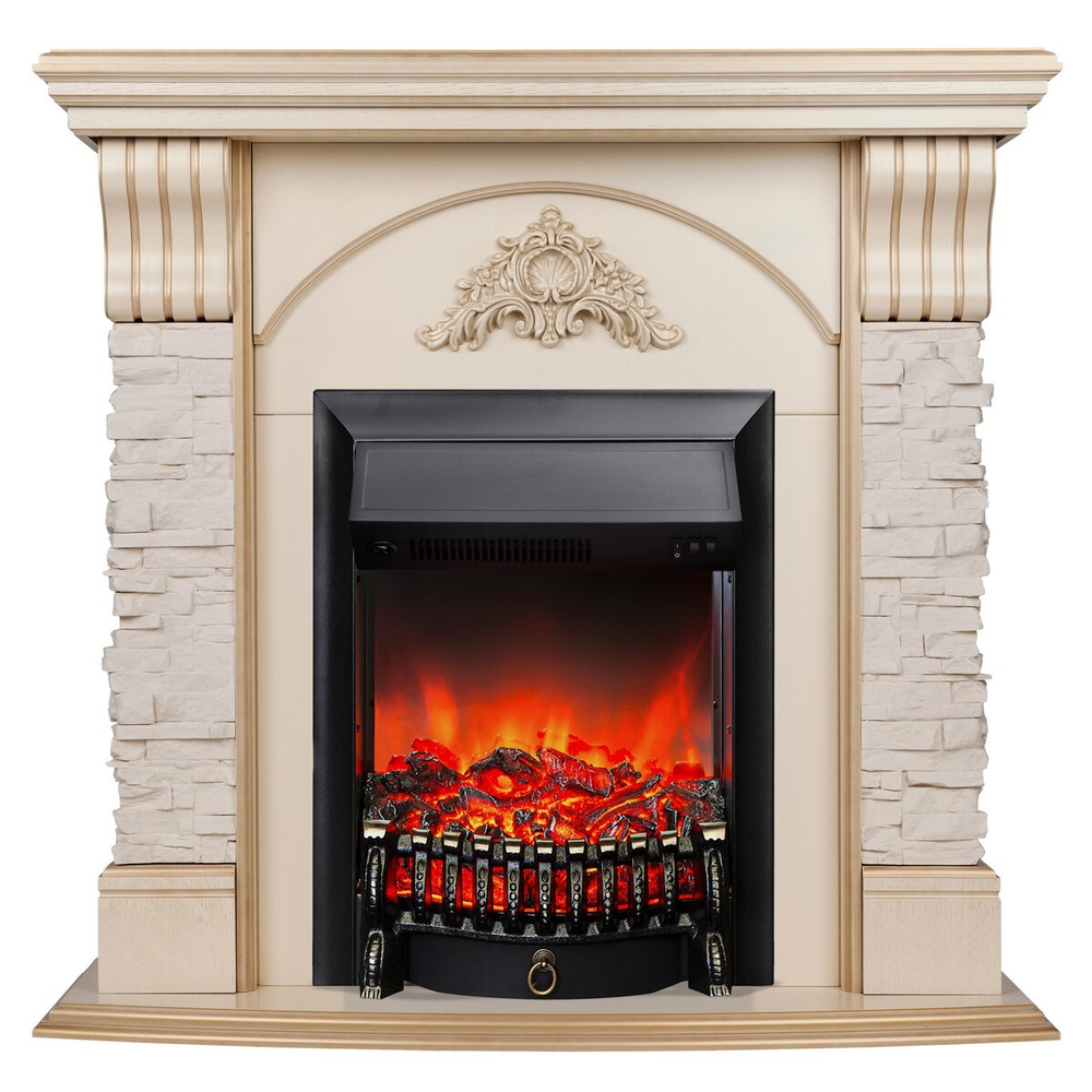 Электрокамин RealFlame Athena WT белый дуб с золотой патиной с очагом Fobos Lux Black
