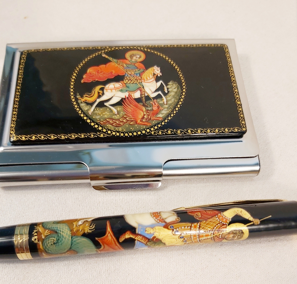 Набор "Георгий Победоносец" №6  визитница, ручка с ручной росписью Палех