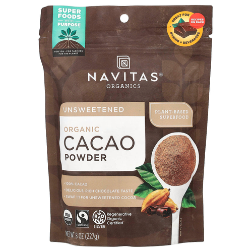 Navitas Organics, органический какао-порошок, без подсластителей, 227 г (8 унций)