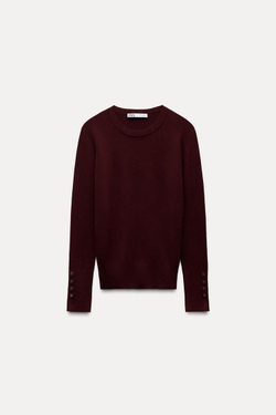 ZARA БАЗОВЫЙ ОДНОТОННЫЙ ДЖЕМПЕР, ЦВЕТ БУРГУНДСКОГО ВИНА