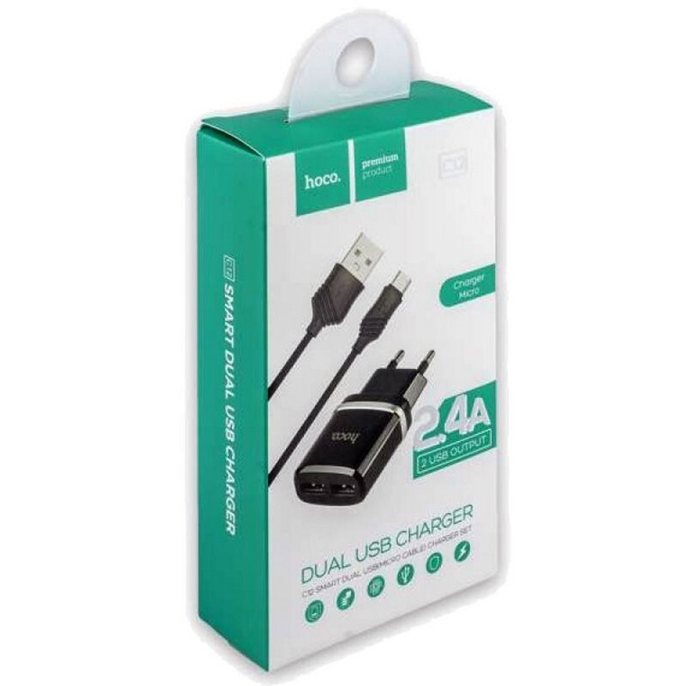 Сетевой адаптер питания HOCO C12 2USB 2.4A + кабель Micro (черный)