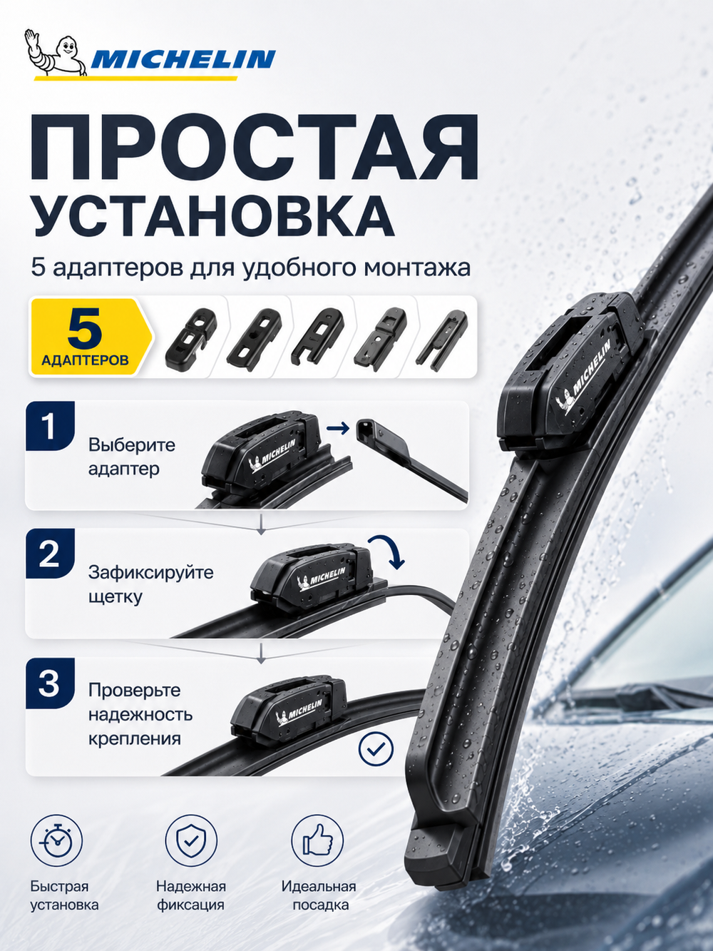 Щетка стеклоочист. Michelin бескаркасн. 48см (5 адапт.)