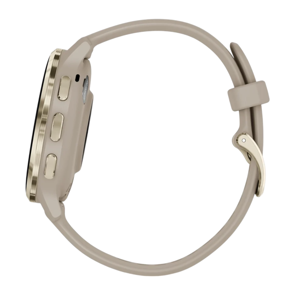 Спортивные часы Garmin Venu 3S, 41 мм, «французский серый» силиконовый ремешок Безель из нержавеющей стали золотистого цвета, корпус цвета «французский серый», AMOLED-дисплей со стеклом Gorilla Glass. Ремешок с классической застёжкой — на запястье обхвато