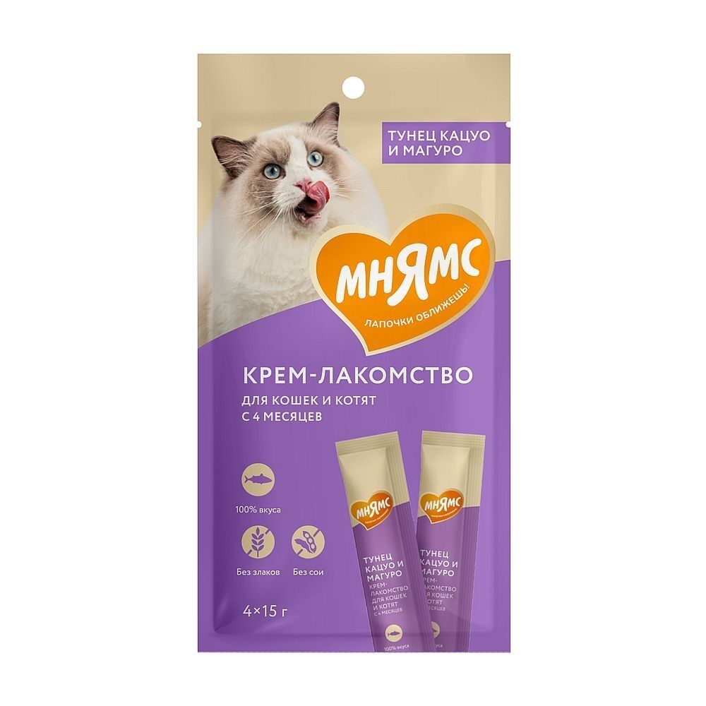 Крем-лакомство Мнямс для кошек с тунцом Кацуо и Магуро 15 г х 4 шт.