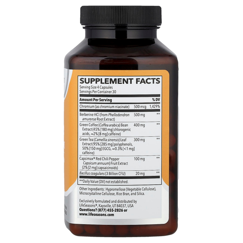 LifeSeasons, Therapeutics, поддержка GLP-1, с берберином гидрохлоридом, 120 растительных капсул
