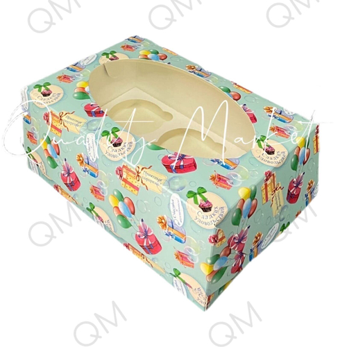 Коробка для 6 капкейков с окошком 235*160*100 мм (мятная "Сладких удовольствий"), 50шт