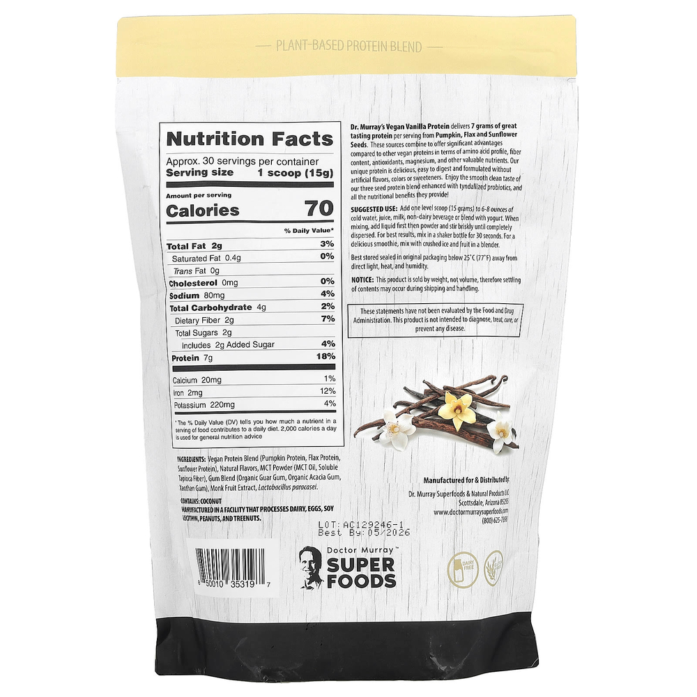 Dr. Murray's, Super Foods, порошок из 3 протеинов, тыква + лен + подсолнечник, ваниль, 453,5 г (16 унций)