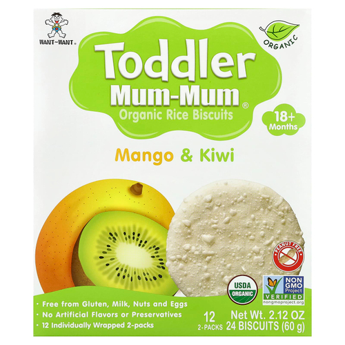 Hot Kid, Toddler Mum-Mum®, органическое рисовое печенье, для детей от 18 месяцев, манго и киви, 12 упаковок по 2 печенья
