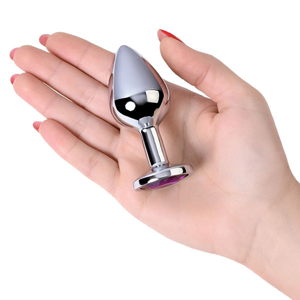 Серебристая коническая анальная пробка 8см с фиолетовым кристаллом ToyFa Metal 717002-4