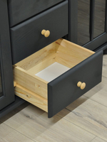 Шкаф витрина 113х32х128, Бритта, стеклянная для посуды, двухдверная, буфет деревянный, массив сосны, с 4 ящиками, серый/антик, Dipriz