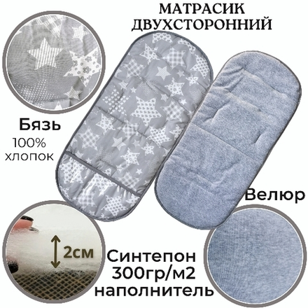 Матрасик в коляску с подножкой из ПВХ пленки серые звезды