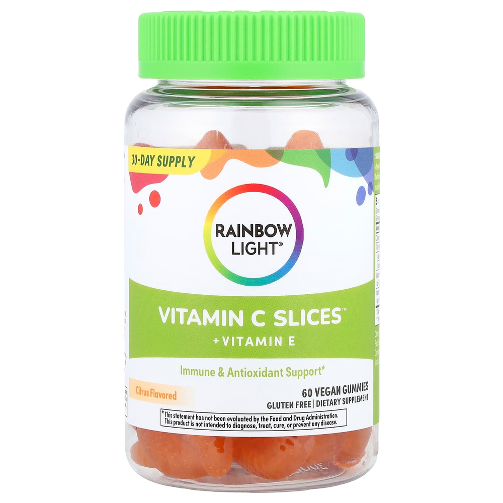 Rainbow Light, Vitamin C Slices™ и витамин E, со вкусом цитрусовых, 60 веганских жевательных мармеладок