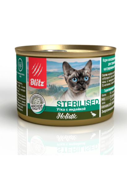 Влажный корм консервы Blitz Holistic Sterilised Cat Duck & Turkey «Утка с индейкой» мясной паштет для стерилизованных кошек 24шт 200гр