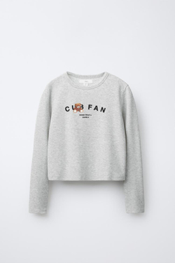 ZARA ФУТБОЛКА В РУБЧИК С ПРИНТОМ, СЕРЫЙ МЕЛАНЖ