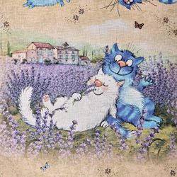 НАБОР ПОЛОТЕНЕЦ ИЗ 2Х ШТ "СИНИЕ КОТЫ. ЛАВАНДА",40Х70СМ, 100% ХЛОПОК,ТВИЛ, БЕЖ