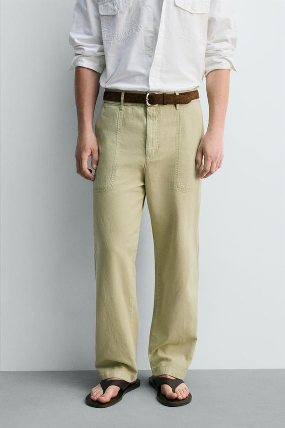 ZARA БРЮКИ STRAIGHT FIT С ЭФФЕКТОМ ПОТЕРТОСТИ, ЛИНЯЛЫЙ ЗЕЛЕНЫЙ
