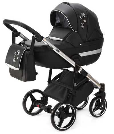 Детская коляска Adamex Cortina Deluxe 3 в 1 CT334/A (ЧЕРН.КОЖА+СЕРЕБ.ОТДЕЛКА+ХРОМ РАМА)
