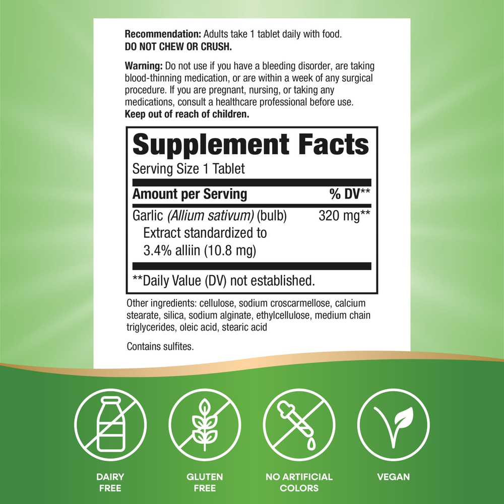 Nature's Way, Garlinase® 5000, экстракт чеснока, 320 мг, 30 веганских таблеток с кишечнорастворимой оболочкой