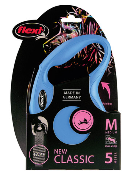 Поводок-рулетка Flexi New Classic M. Лента 5 м. для собак до 25 кг. Синий