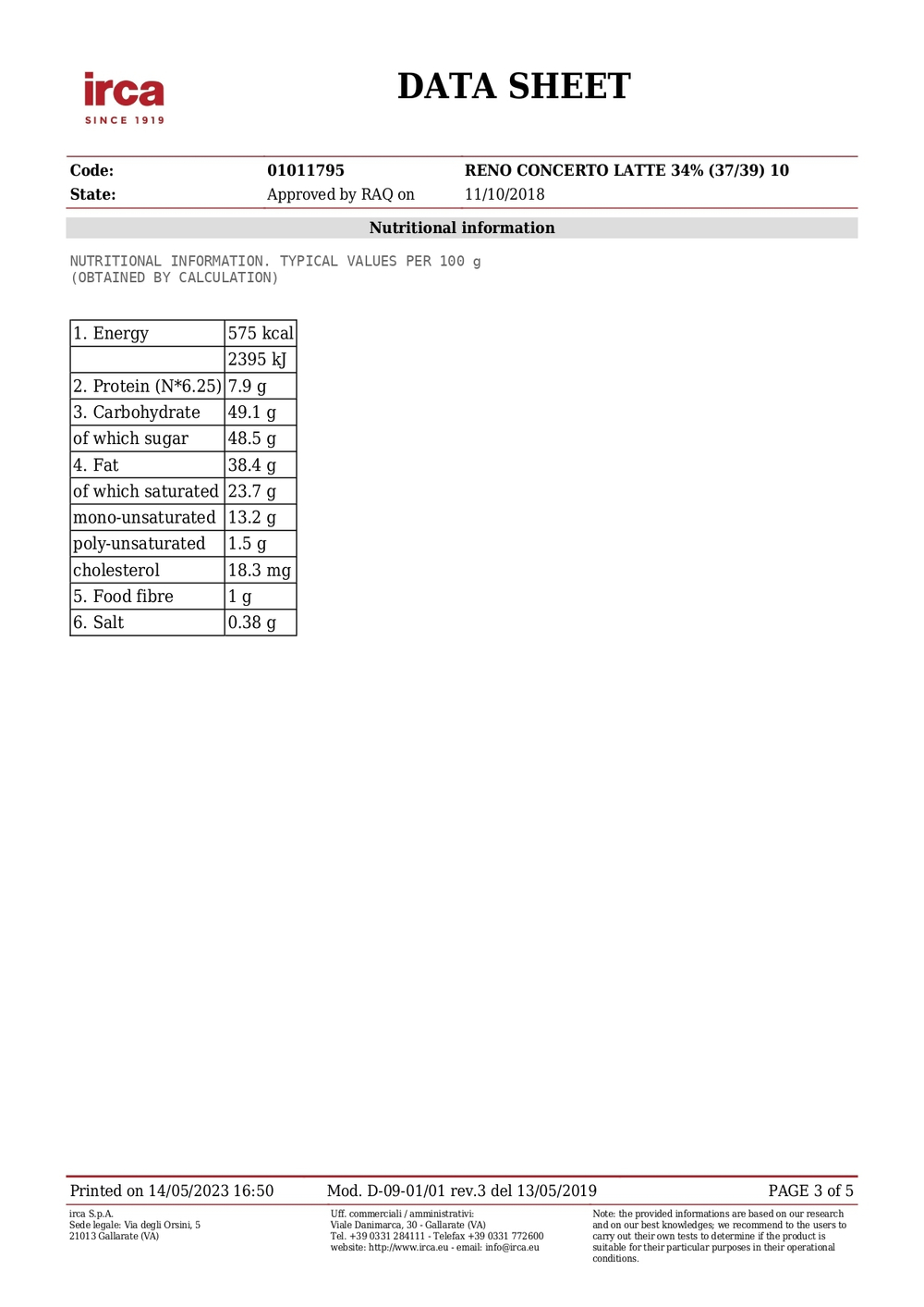 Молочный шоколад RENO CONCERTO LATTE 34%, IRCA  Италия, 1кг