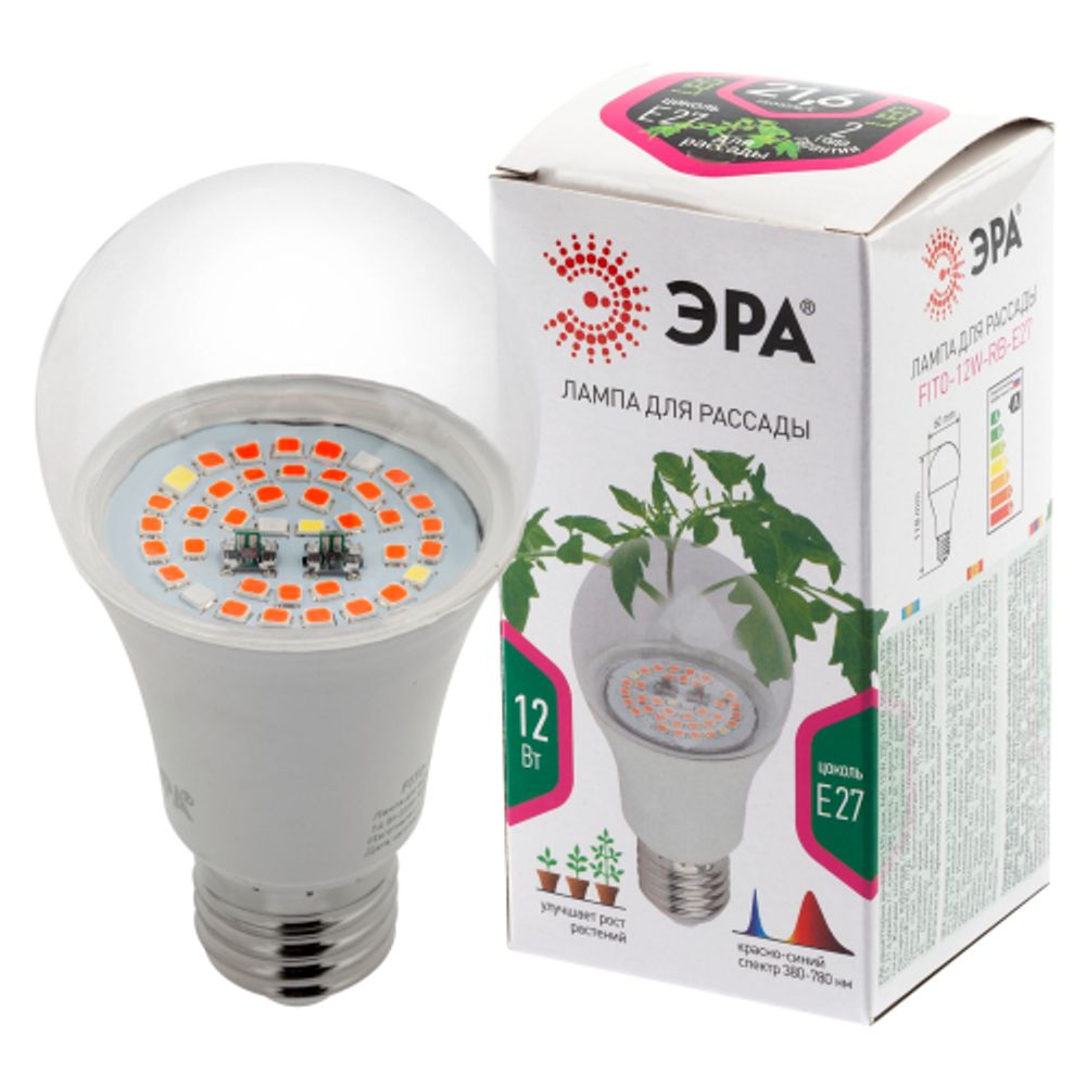 Фитолампа для растений светодиодная ЭРА FITO-12W-RB-E27 красно-синего спектра 12 Вт Е27 | Фитолампы Е27