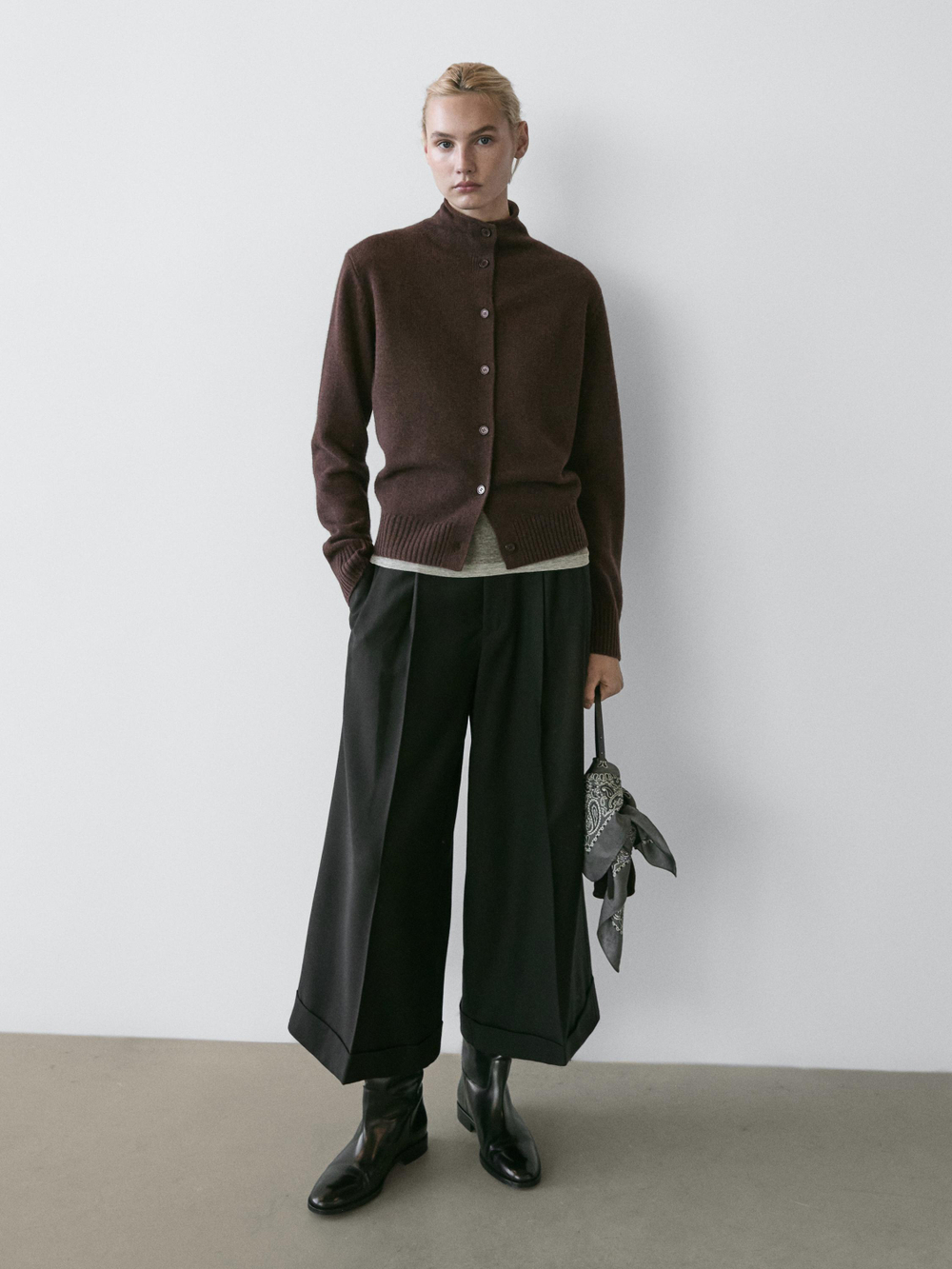 Massimo Dutti Вязаный кардиган с высоким воротником, шоколадно-коричневый