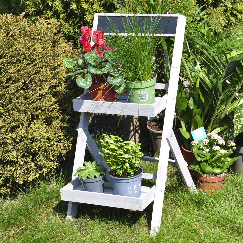 Подставка для цветов и декора напольная 2 полки из массива сосны Флорэль, деревянная этажерка для цветов на подоконник в стиле рустик, серая