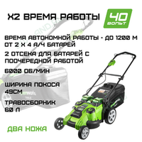 Газонокосилка аккумуляторная Greenworks Арт. 2500207, TwinForce, 40V, 49 см
