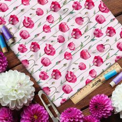 Ткань сатин насыщенные акварельные тюльпаны на розовом фоне