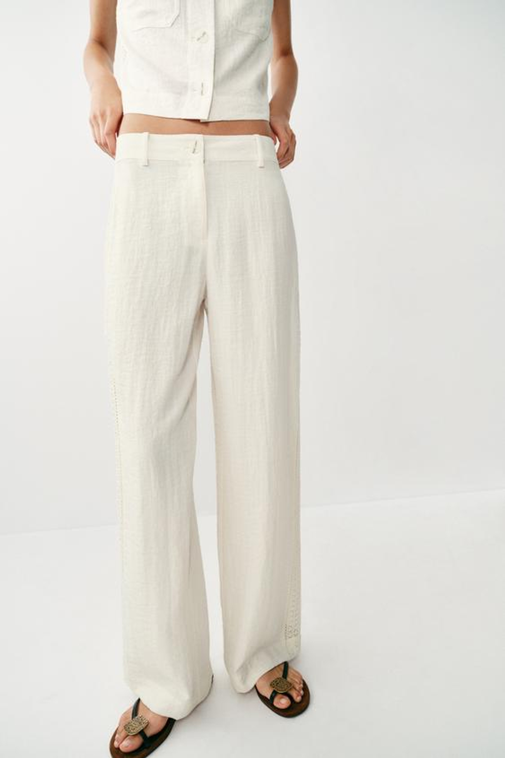 ZARA БРЮКИ С БОКОВЫМИ ВСТАВКАМИ, ЭКРЮ