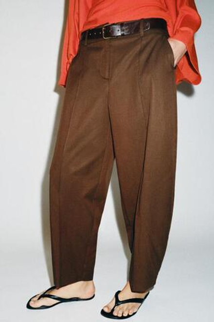 ZARA БРЮКИ С ПОЯСОМ GLOBO, КОРИЧНЕВЫЙ