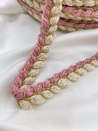 Тесьма коса розово-белая с золотой нитью