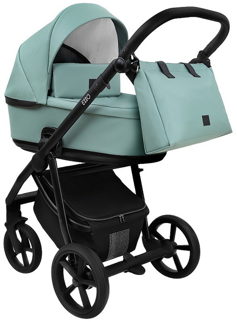 Детская коляска Roan Esso 2025 Кожа 3 в 1 с автокреслом Tutis Elo Lux EduSky Black ESSK/214/1 Misti Mint/Grey/руч.Черный