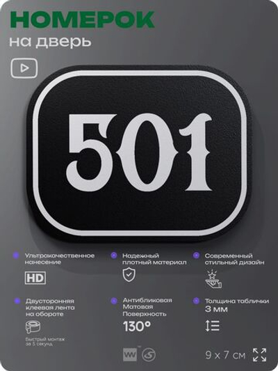 Номерок на дверь квартиры 501, для кабинета, офиса, шильдик 9 х 7 см, черный, Айдентика Технолоджи