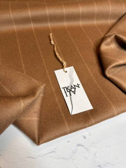 Двусторонний (double-face) пальтовый кашемир с шерстью (80%кашемир/20%шерсть, Бежевый кэмел с тонкой вертикальной полосой/сливочный, 151, 393 гр/м2)