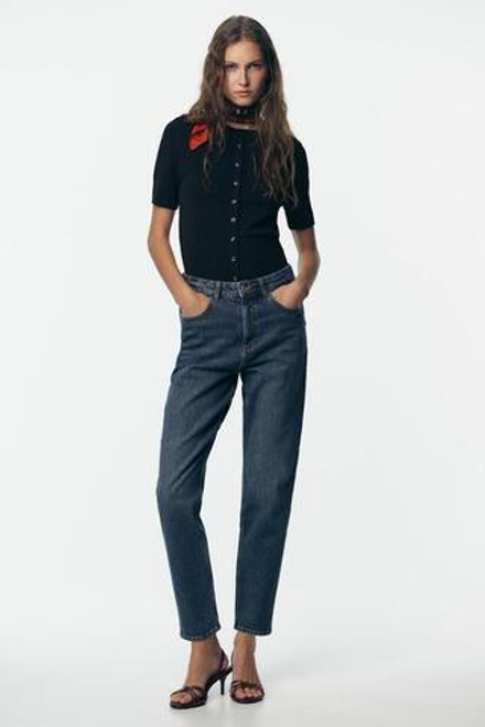 ZARA ДЖИНСЫ MOM FIT COMFORT Z.01 С ВЫСОКОЙ ПОСАДКОЙ, ЗЕЛЕНОВАТО-СИНИЙ